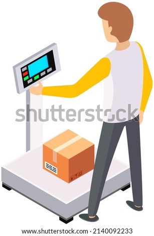 Measurement of weight of box with goods using scales. Warehouse worker is weighing cargo. Industrial goods weight scales. Logistic and distribution, parcel package, cardboard boxes on weigher