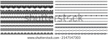 Set of wide lace ribbons with print. Black design elements isolated on white background. Seamless pattern for creating style of card with ornaments. Lace decoration template, ribbons for design