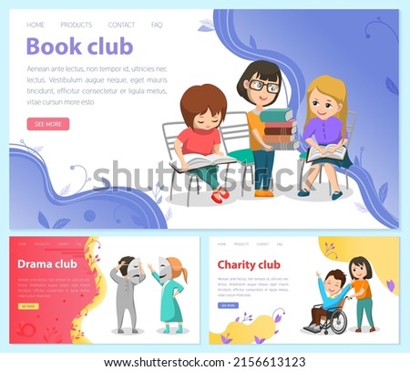 Book club of small people reading books. Vector landing page template with children in library. Boy and girl with common interest in knowledge and learning new things, fond of literature. Drama club