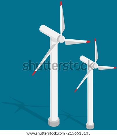 Wind turbines power plant, construction with big propeller. Alternative renewable sustainable wind park power generation, green energy concept. Vector windmill with white vanes, green electricity