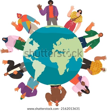 Happy people from all around world standing on globe, different representatives waving hands isolated illustration. Concept of international friendship, public solidarity, residence in any country