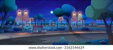 Spring weather, lightning, thunder and storm at night. Thunderstorm and heavy rain, spring weather. Night view of city park vector illustration. Evening park or garden with trees and benches