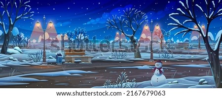 Winter weather, lightning, snowy and snow at night. snow falls and snowman, winter weather. Night view of city park vector illustration. Evening park or garden with trees and benches