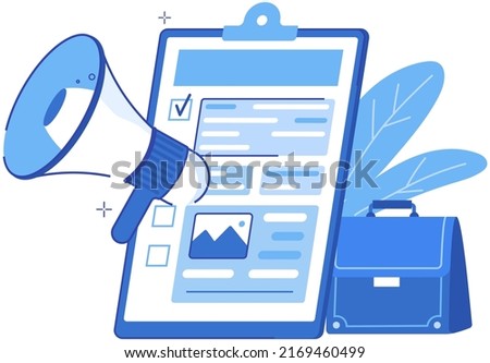 Business intelligence concept vector background illustration with various items and symbols, clip board with plan or list, loudspeaker, business man briefcase, paper document for an analytical meeting