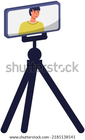 Phone on tripod. People broadcasting, stream on smartphone. Live streaming. Video blog recording, male blogger using mobile and tripod stand. Illustration of making videos for social media publishing