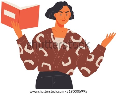 Cartoon teacher looking angry, grumpy woman stands isolated on white holding book in her hand. Strict female character makes someone read, holding an open textbook and making gesture of indignation