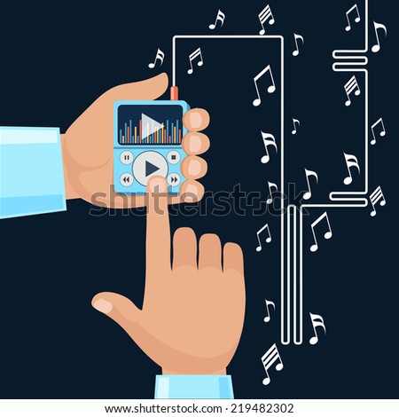 Playing music in Mp3 player hands on background with notes. Finger presses button play flat design cartoon style. Touchphone with connected headphones