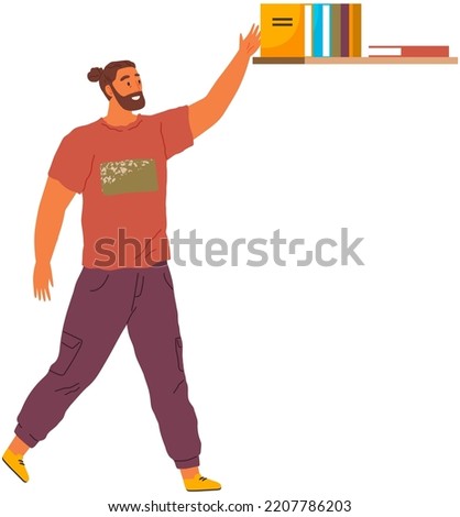 Bearded man takes book from shelf. Student preparing for exam with textbook, guy looking at books in wall bookshelf. Literature for reading, education concept. Paper edition, reading literature