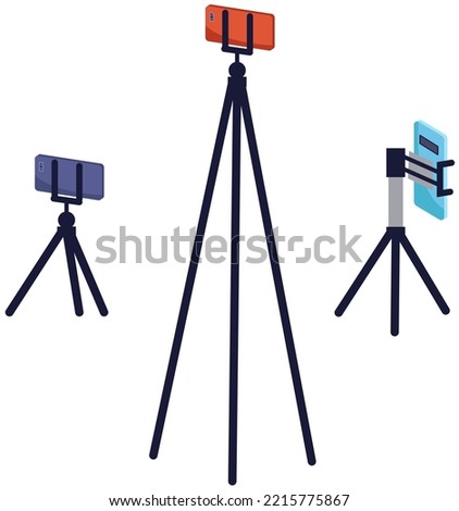 Phone on tripod set. People broadcasting, stream on smartphone. Live streaming. Video blog recording, blogger using mobile and tripod stand. Illustration of making videos for social media publishing