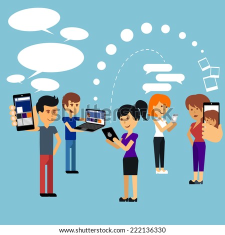 Young people man and woman using technology gadget smartphone mobile phone tablet pc laptop computer in social network communication concept flat design cartoon style with copyspace