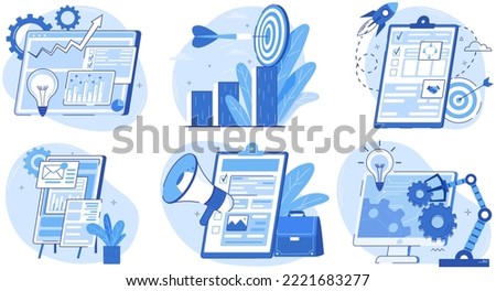 Business intelligence concept vector background illustration set with various items and symbols, clip board with plan or list, space ship, computer simulation, paper document for an analytical meeting