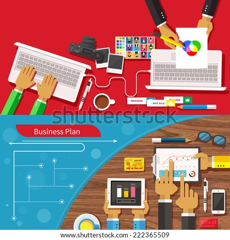 Team of designers working together on a computer. Creative team. Business plan with creative businessman showing positive growth in flat design style. Raster version