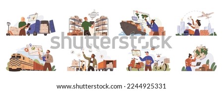 International logistics and cargo delivery scenes set. Management and control of interconnected flows serving international transportation warehouse. Export and import shipping of goods with transport
