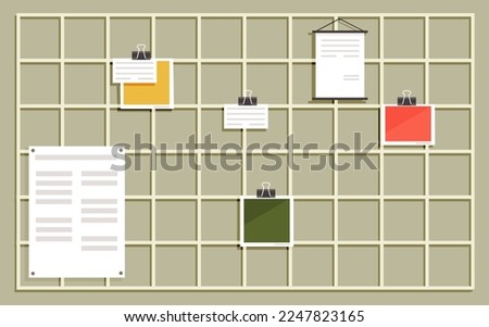 Memo grid board, wall organization with blank paper sheets for messages and notes pinned with clips. Modern office decor, workplace organizer, text notes reminders message important announcement