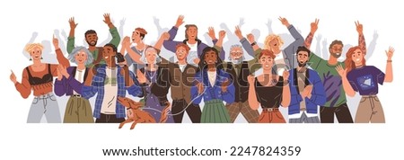 Set of people celebrating win or goal achievement. Happy team or group of friends with hands up isolated on white background. Concept of victory and success. Cheering and Ovation. Cheerful characters