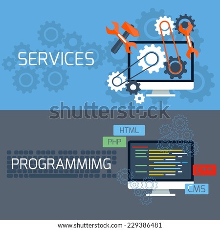 Flat design concept of programming and services with computer monitors and keyboard