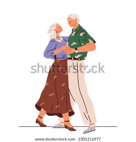 Old couple dance. Vector illustration. Grandpa does dance support, grandma. Elderly couple dancing at party. Cartoon old man and woman dancing. Happy grandmother and grandfather couples hugging