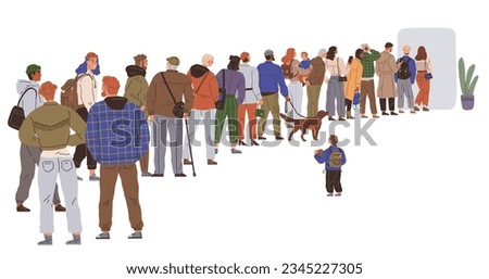 Big queue. Many multitude people. Vector illustration. The crowd was orderly, with everyone queuing in organized manner As queue moved forward, crowd people shuffled along People in queue chatted