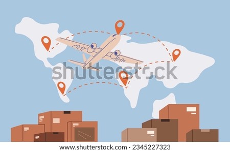 International logistic. Global air delivery export. Vector. Cargo delivery routes are key factor in export and import shipping procedures With rise e-commerce, importance global logistics in supply