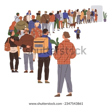 Big queue. Many multitude people. Vector illustration. People in queue chatted amongst themselves, making wait more bearable The crowd queuing outside store was testament to popularity event