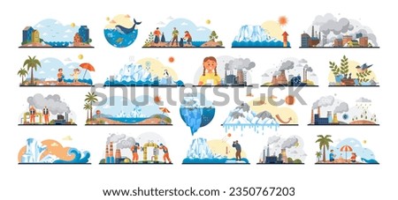 Climate change concepts and metaphors set. Plastic bottles and packages fill water. Iceberg melts, raising ocean and sea level. Fish suffer from plastic waste. Global warming. Smoke from factories
