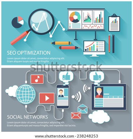 SEO optimization, programming process and web analytics elements in flat design. Set of social network icons