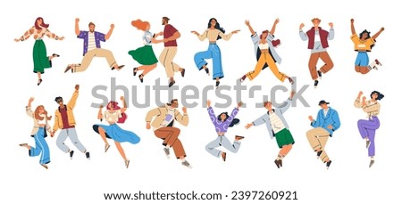 Dancing people. Happy people dance to music. Happy people jumping. Set of characters having fun at party. Men and women in motion, different free poses. Jumping for fun and joy. Laughing people set