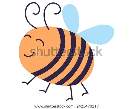 This image features a whimsical illustration of a cartoon bee, characterized by its broad, sweet smile and striped body, evoking a sense of happiness and friendliness