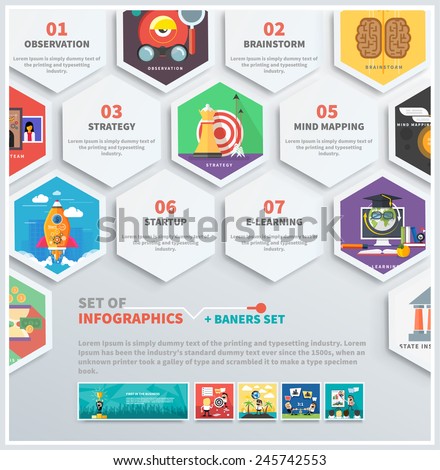 Icons infographic of headwork, strategy planning, business tools start up observation creative team mind mapping brainstorm e-learning time is money. Concept of different icons in flat design