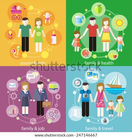 Family with children kids people concept icons set of parenting in flat design styly. Baners of young family, famile and health, famile and job, famile and travel for infographic