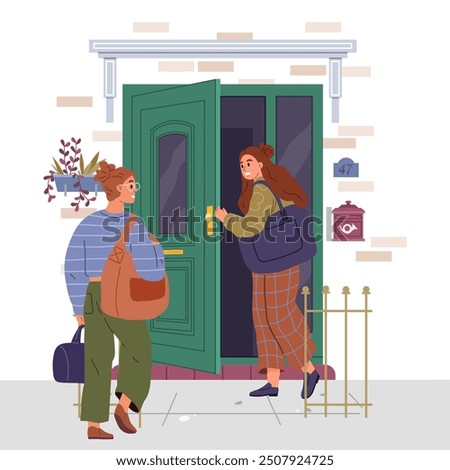 Woman enters house opening door and turning around to look out to say hello and talk to neighbor. Girl stands on porch of dwelling near entrance and says goodbye after walk. People in doorway entrance