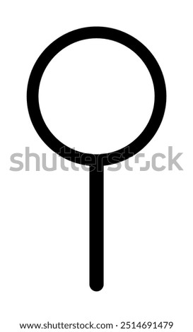 A simple black symbol featuring a large circle atop a vertical line. The design is minimalist and can be interpreted as an abstract magnifying glass. Themes: simplicity, search, focus, clarity, minima