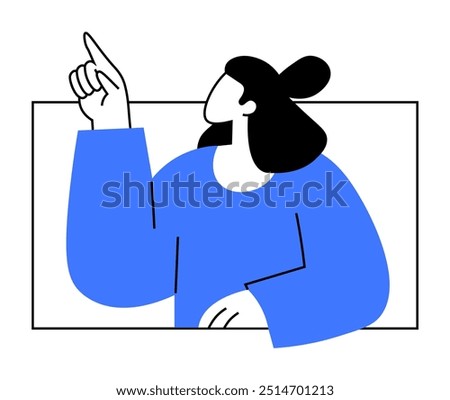 Simplified drawing of a person pointing upwards, wearing a blue sweater. Ideal for presentations, tutorials, instructions, educational materials, user guides.