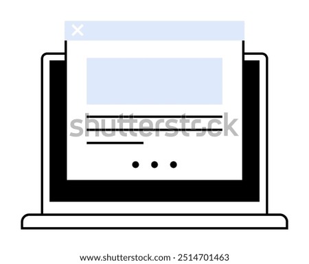 The image shows a laptop with a web browser window open. The browser displays an interface with text and a light blue box, perhaps an image or video. White, black, and light blue are the main colors.