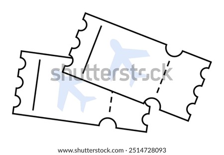 Two boarding tickets with airplane icons are overlapping, ideal for travel, tourism, flight booking, airline promotions, and vacation planning. Simple line art style.