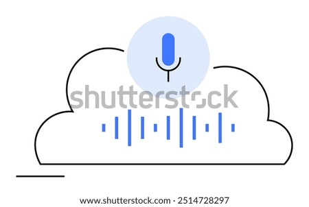 Microphone above cloud, blue sound waves below. Ideal for communication, technology, cloud storage, audio recording, digital content. Clean vector design with tech-oriented style.