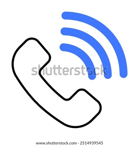 The image shows a black outline of a telephone handset with four blue sound waves emitting from it. Ideal for themes of communication, contact, support, technology, and connectivity.