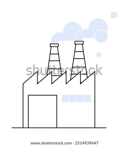 A factory building with jagged roof edges has two smoke stacks emitting light blue smoke. Ideal for industrial pollution, manufacturing processes, environmental impact, urban infrastructure