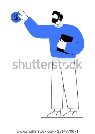 Man in blue shirt and glasses holding clipboard in one hand, dollar coin in the other. Ideal for financial planning, investment, economics, savings, budgeting. Minimalist vector style blue, white, bl