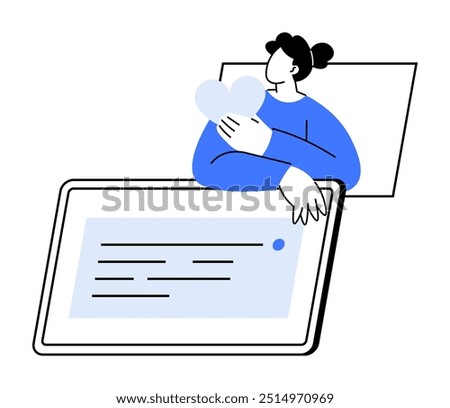 Person holding a white heart next to an oversized tablet screen. Ideal for technology, love, digital communication, human interaction, modern lifestyle. Clean and minimalistic style.