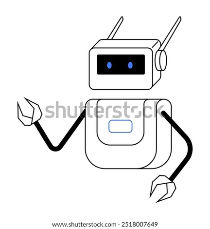 Robot with a rectangular body, antennas, and claw-like hands. Its screen displays blue eyes. Ideal for technology, robotics, AI, futuristic themes, education, and children s illustrations. Simple