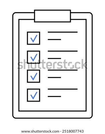 A clipboard displaying a checklist with four items, three of which are checked off. Ideal for task management, organization, project planning, goal tracking, and productivity. Simple line art