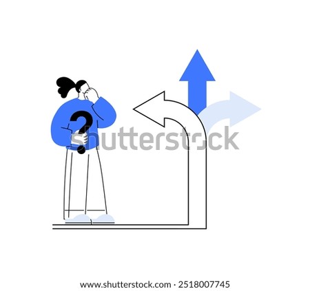 A person holding a question mark stands before three arrows pointing in various directions. Ideal for decision making, problem solving, career choice, strategy planning, and personal growth. Simple