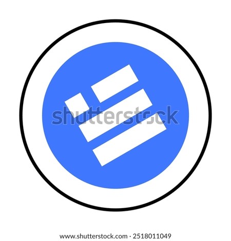 Blue circle with white rectangle and square shapes inside a black-outlined white circular frame. Ideal for logos, branding, minimalist design, abstract themes, and graphic design. Clear lines. Simple