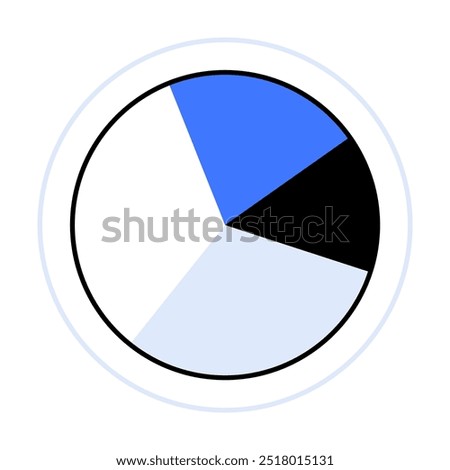 A circular chart divided into four segments, each filled with different colors black, blue, light blue, and white, surrounded by a thin black border and an outer thin blue circle. Ideal for statistic