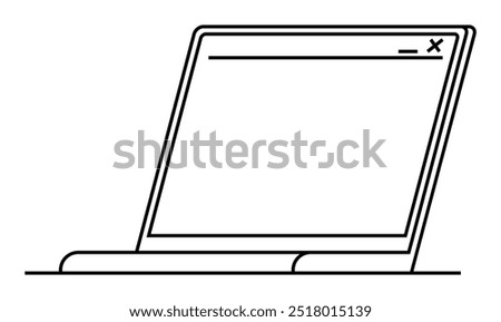 Stylized laptop with main browser window open, represented in minimalist black line art. Ideal for technology, digital lifestyle, web design, simplicity, and minimalism themes. Very clean design.