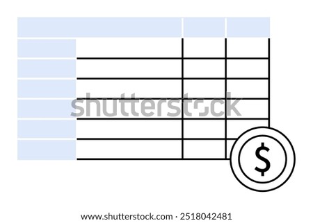 A spreadsheet with blue headers and multiple columns and rows, featuring a dollar symbol at the bottom. Ideal for financial planning, budgeting, data analysis, accounting, invoicing.