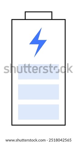 Battery with charging symbol in blue, featuring three gradient-filled energy levels. Ideal for energy, electronics, green technology, sustainability, mobile devices. Simple, flat style.