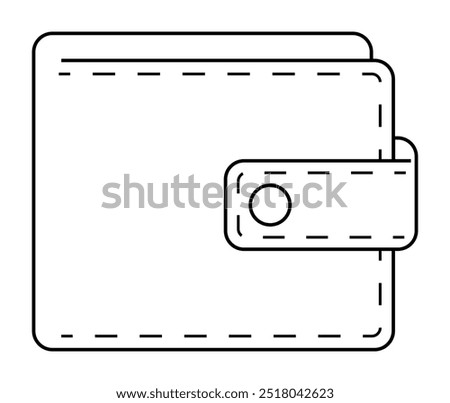 A minimalistic black and white outline of a closed wallet with a buttoned strap. Ideal for finance apps, wallet designs, savings concepts, ecommerce graphics, and banking visuals.