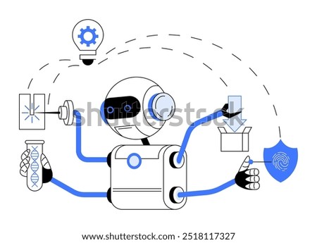 A robot performing tasks like coding, innovation, and research. Ideal for Technology, AI development, robotics, innovation, and science. Simple vector style.